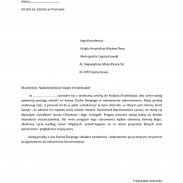 Podanie składamy 13 marca na Mszy Świętej o 9.30.
1. Redagujemy podanie wg przedstawionego schematu tzn. w odpowiednim miejscu imię i nazwisko, adres, miejscowość, data i nagłówek do kogo jest podanie skierowane!
2. Margines z każdej strony ok. 2 cm (od g