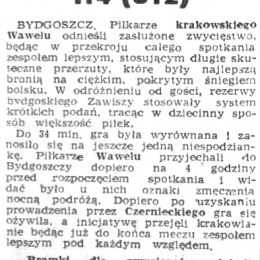 „Gazeta Pomorska" z 12.12.1961 o meczu III rundy Pucharu Polski z 10.12.1961: Zawisza II - Wawel Kraków 1 - 4.