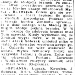 Artykuł z „NPS Stadiony" - listopad 1991 o meczu III ligi: Goplania Inowrocław - Zawisza II 1:1. 