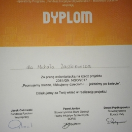 Dyplom dla wolontariusza FIO Mazowsze_Michał Żaczkiewicz