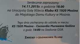 zaproszenie na uroczystą galę z okazji 95-lecia KLUBU KS 1920 MOSINA