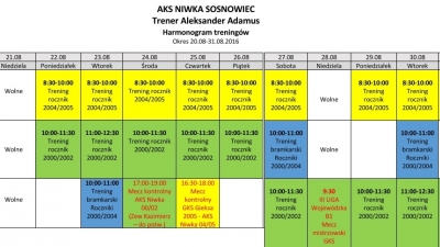 Harmonogram treningów 20.08- 31.08.2016