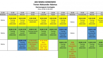 Harmonogram treningów 20.08- 31.08.2016