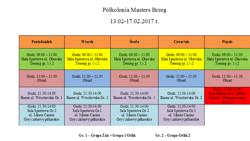 Półkolonia Masters - Rozkład !!