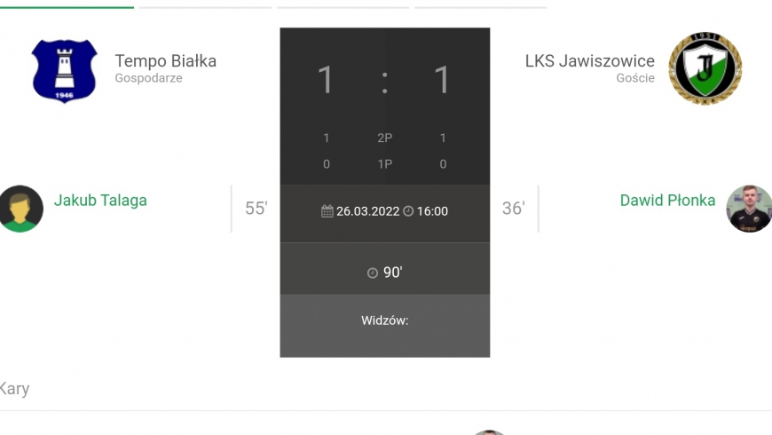 20.Kolejka JAKO IV Ligi Tempo Białka-LKS Jawiszowice 1:1
