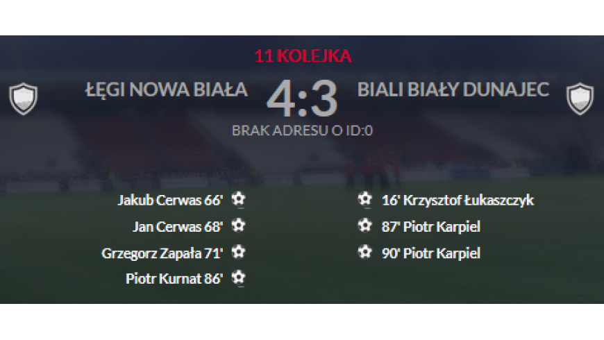 XI kolejka: Łęgi Nowa Biała - Biali Biały Dunajec 4-3(0-1)