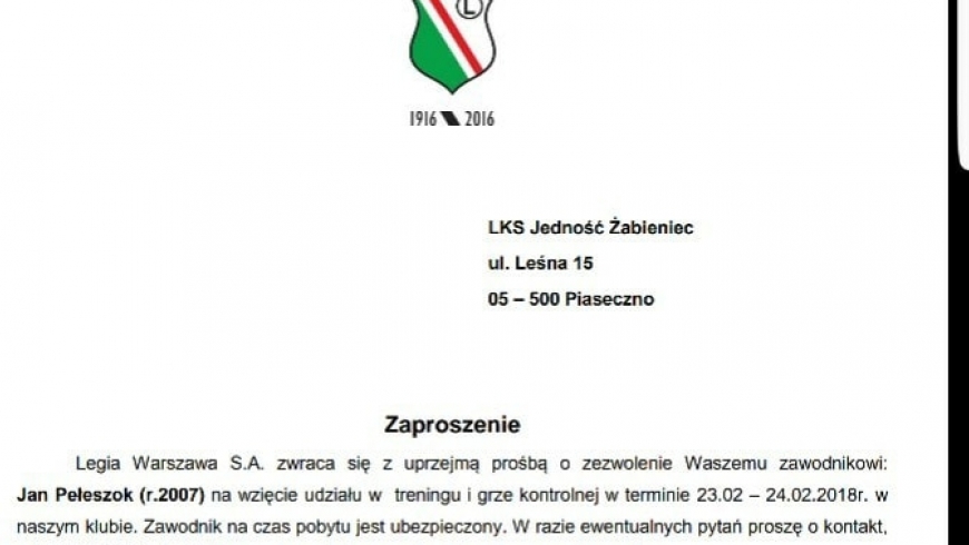 Jan Pełeszok zaproszony na testy do Legii Warszawa!
