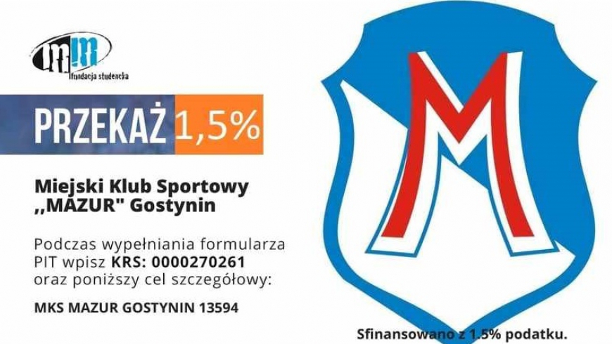 Przekaż 1,5 % podatku na rzecz MKS Mazur Gostynin