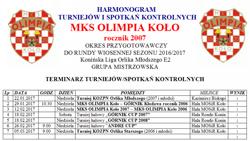 ROCZNIK 2007: HARMONOGRAM PRZYGOTOWAŃ DO RUNDY WIOSENNEJ 2017