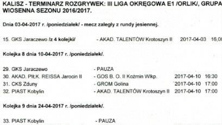 Terminarz rundy wiosennej 2016/2017- drużyna Orlika