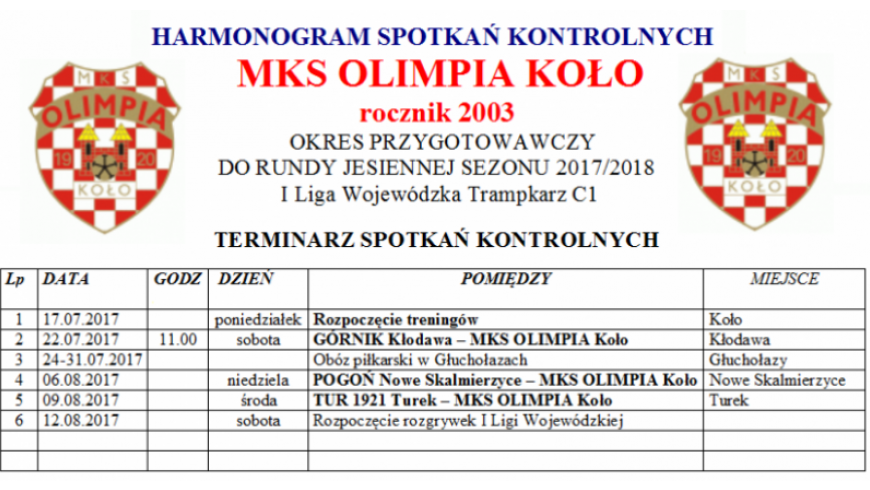 ROCZNIK 2003: Harmonogram przygotowań do rundy jesiennej 2017/2018