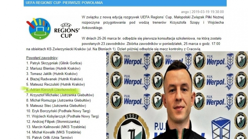 Adrian Korczyk otrzymał powołanie z MZPN Kraków na kwalifikacje do turnieju UEFA REGIONS' CUP !!!