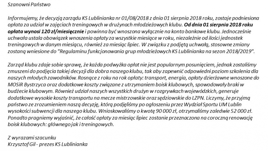 Regulamin KS Lublinianka - Sezon 2018/2019