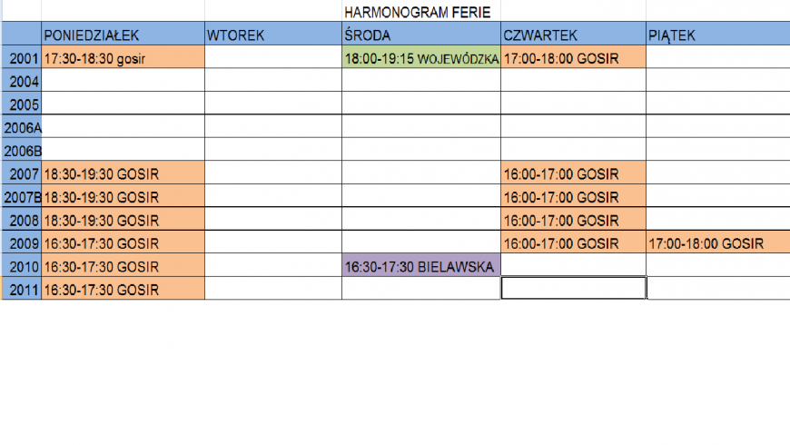 Harmonogram treningów w drugim tygodniu ferii !