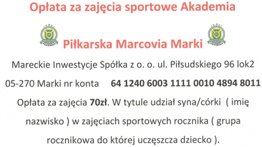 Przypominamy o opłatach za zajęcia sportowe