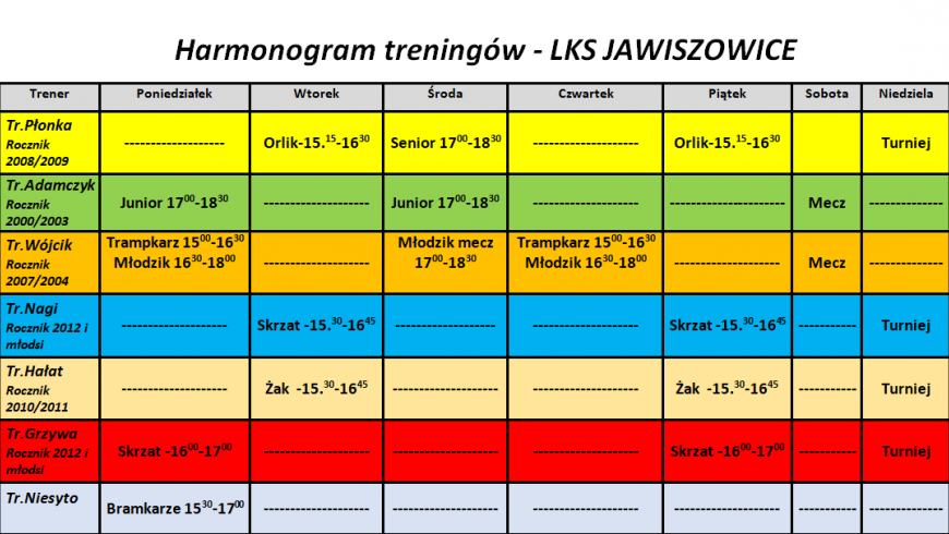 Harmonogram treningów - LKS Jawiszowice