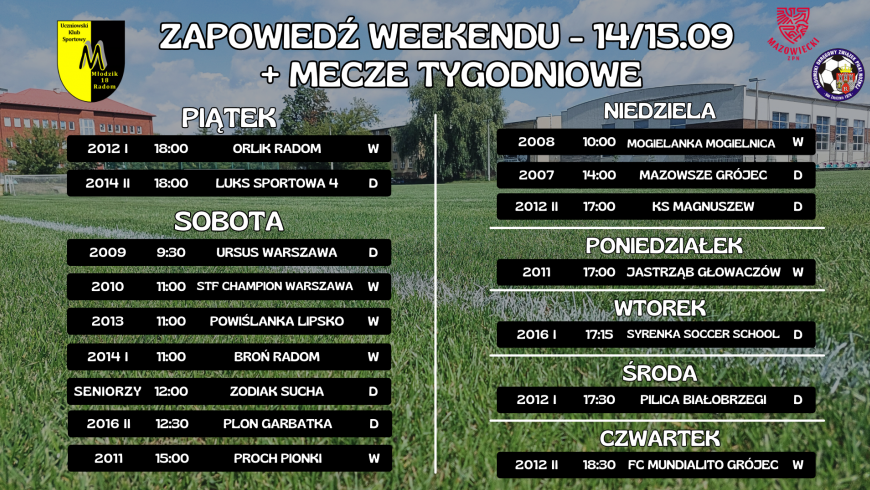 Zapowiedź weekendu (14/15.09) + mecze tygodniowe