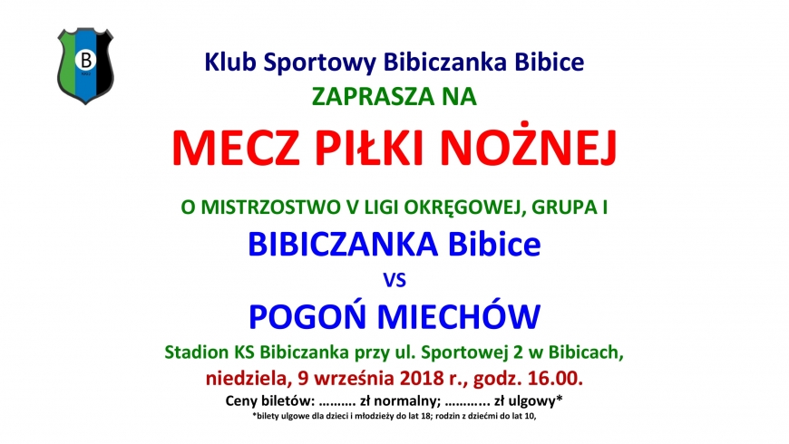 ZAPROSZENIE NA MECZ. 5. kolejka: Bibiczanka - Pogoń Miechów