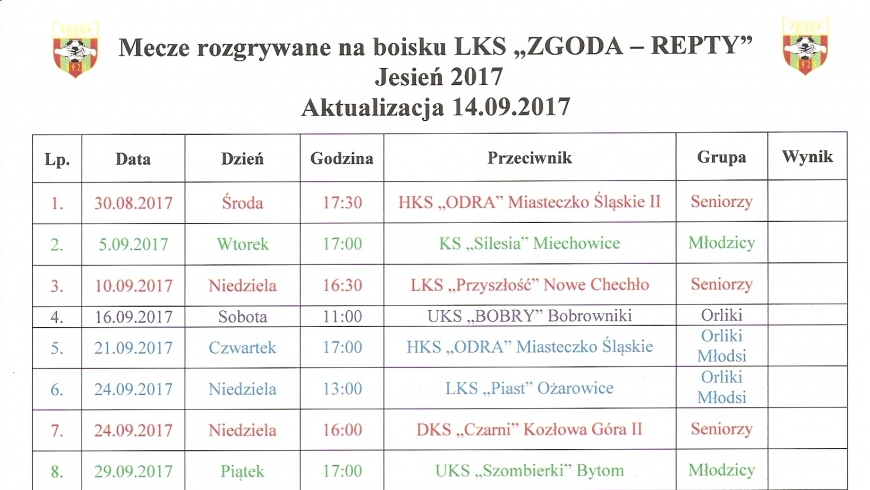 Mecze rozgrywane na boisku LKS "ZGODA - REPTY" Jesień 2017