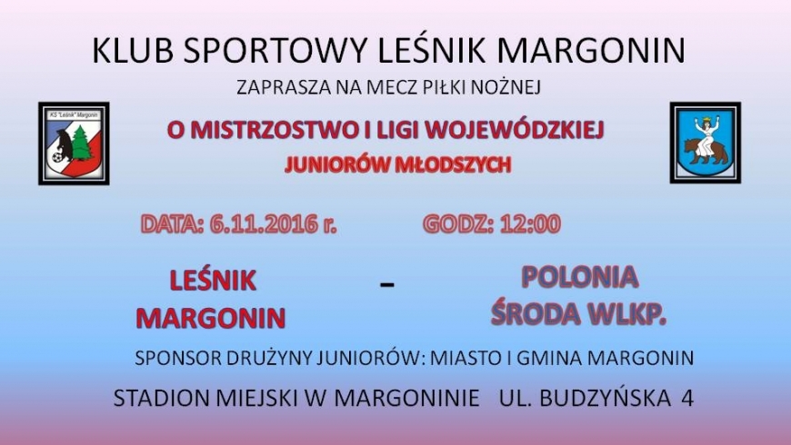 ZAPRASZAMY NA MECZ JUNIORÓW