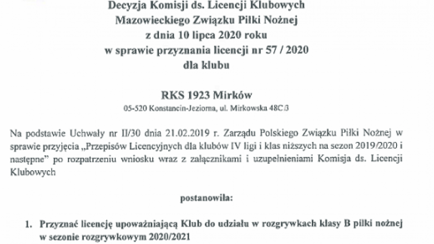 RKS 1923 Mirków z licencją na sezon 2020/21