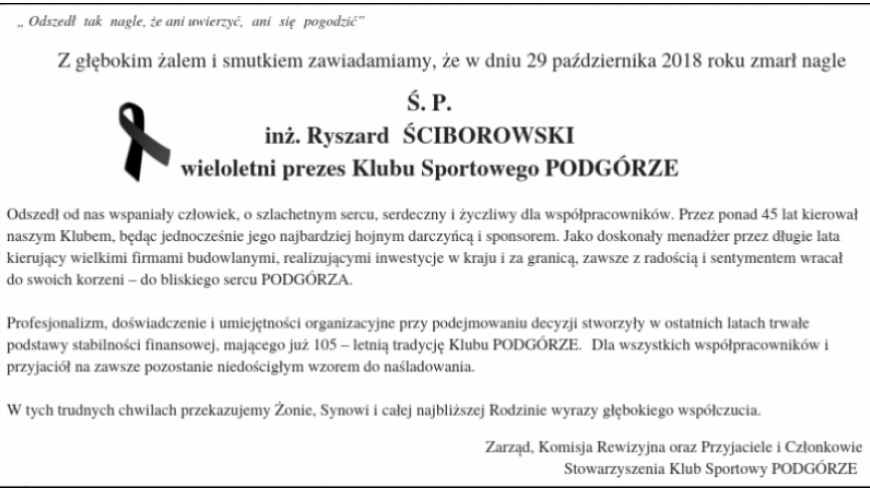 Zmarł inż. Ryszard  Ściborowski prezes KS Podgórze