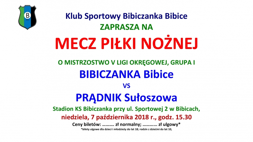 ZAPROSZENIE NA MECZ. 9. kolejka Bibiczanka-Prądnik Sułoszowa