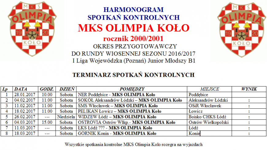 ROCZNIK 2000/2001: HARMONOGRAM OKRESU PRZYGOTOWAWCZEGO WIOSNA 2017