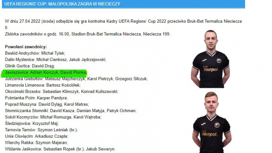 Adrian Korczyk i Dawid Płonka otrzymali powołanie z MZPN Kraków na kwalifikacje do turnieju UEFA REGIONS' CUP !!!