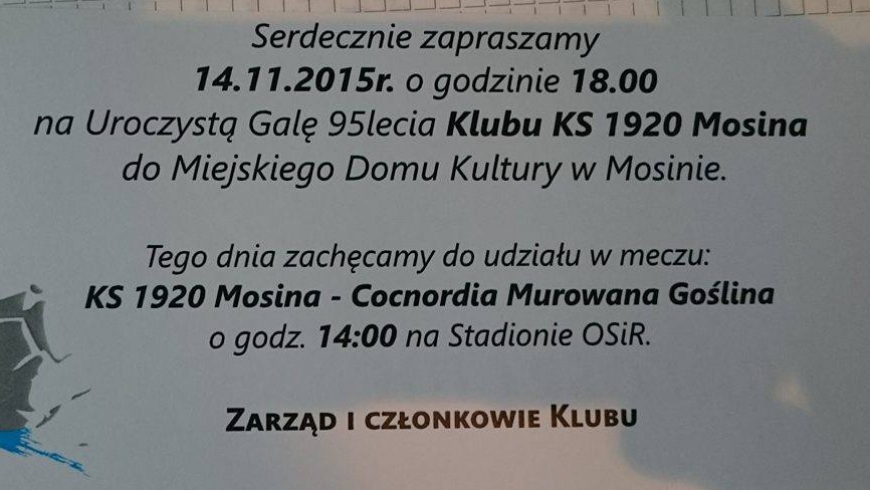 zaproszenie na uroczystą galę z okazji 95-lecia KLUBU KS 1920 MOSINA