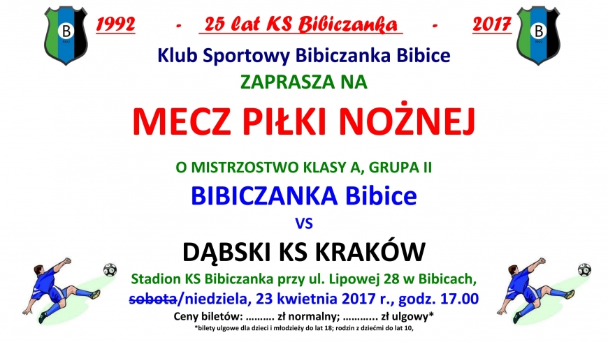 ZAPROSZENIE NA MECZ. Bibiczanka - Dąbski KS Kraków