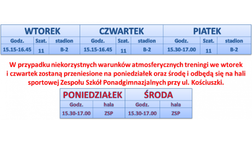 Zmiana godzin rozpoczęcia treningów