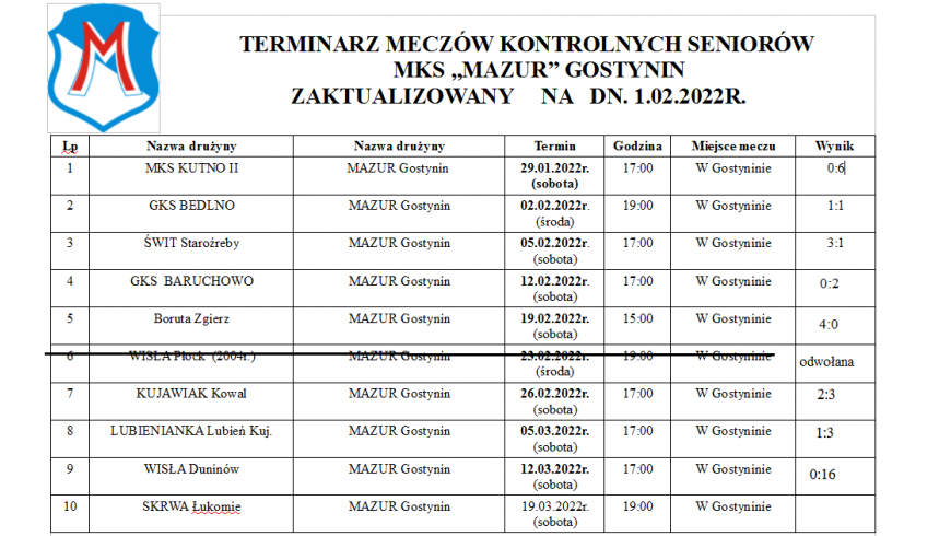 Zaktualizowany terminarz gier kontrolnych seniorów