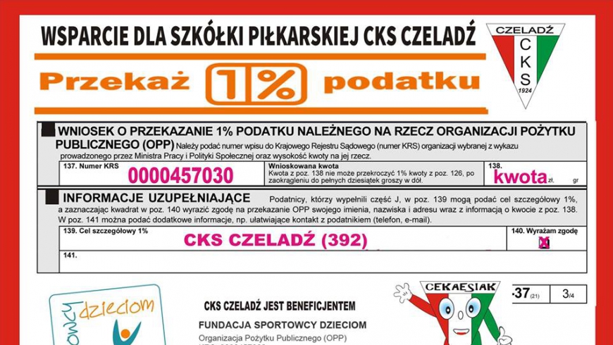 Przekaż swój 1% podatku na CKS Czeladź!