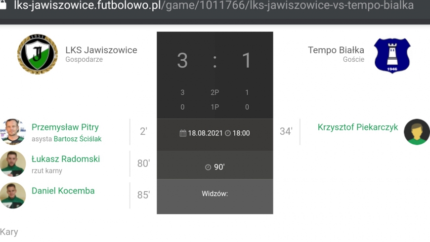 3.Kolejka Keeza IV Ligi LKS Jawiszowice-Tempo Białka 3:1