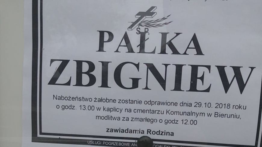 Nabożeństwo żałobne zostanie odprawione dnia 29.10.2018 roku o godz. 13:00