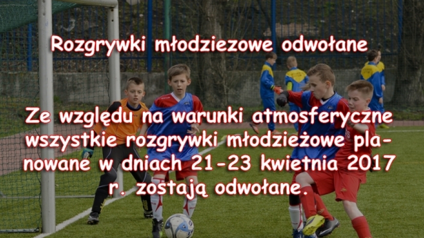 Rozgrywki młodziezowe odwołane Ze względu na warunki atmosferyczne wszystkie rozgrywki młodzieżowe planowane w dniach 21-23 kwietnia 2017 r. zostają odwołane.