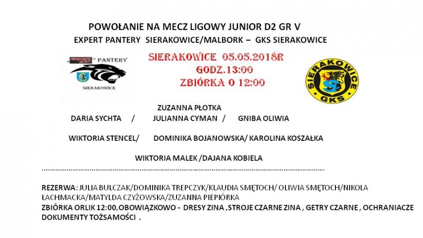 Mecz ligowy z GKS Sierakowice - POWOŁANIA