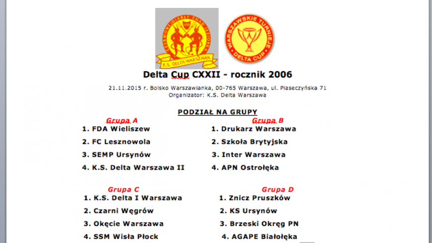 Turniej Delta Cup w sobotę 21 listopada.